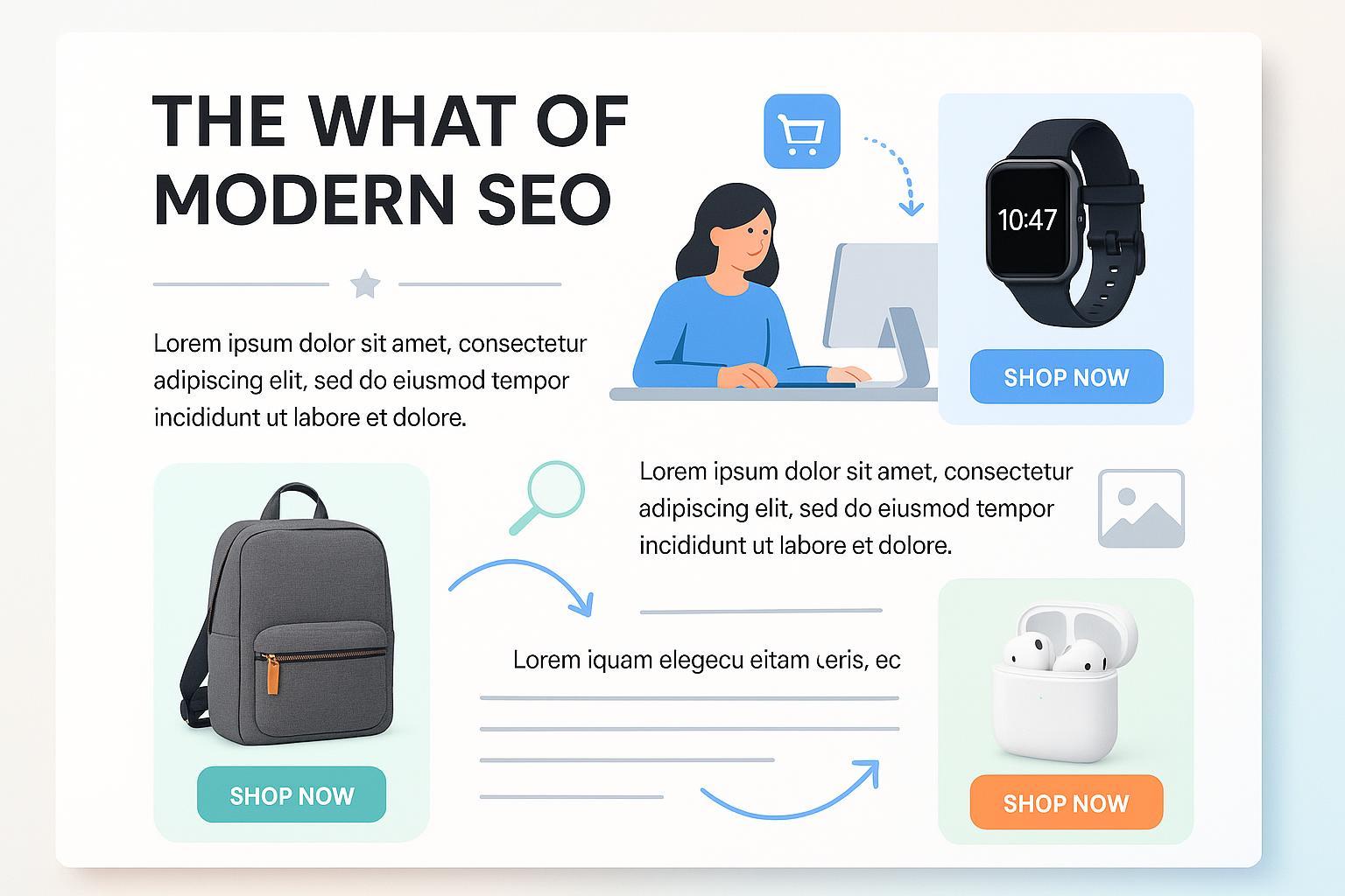 Illustration of shoppable content in an SEO blog: interactive product cards with '
                style=