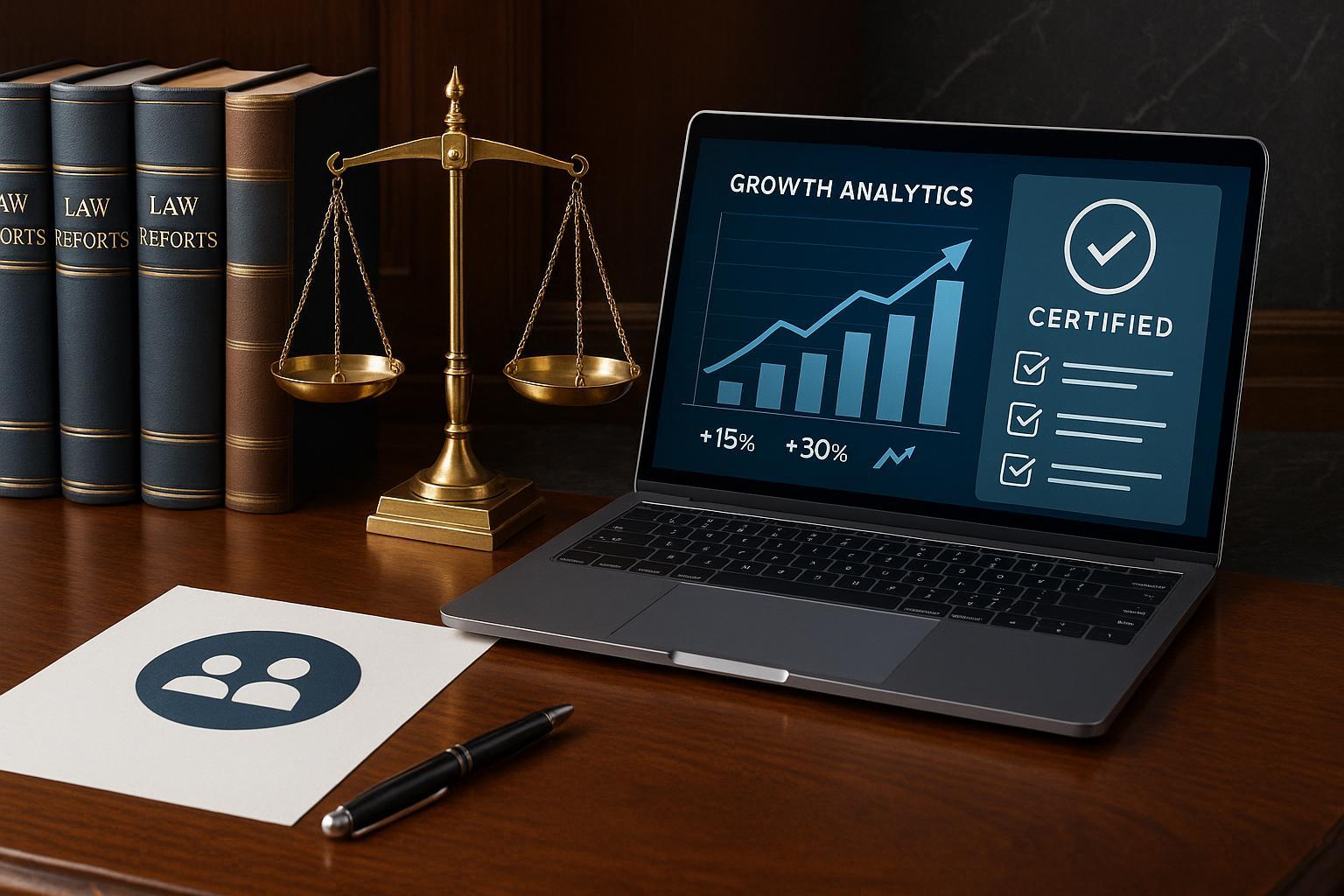 Professional law firm content marketing best practices illustration: digital-meets-legal workspace, analytics, compliance checklist and law symbolism.