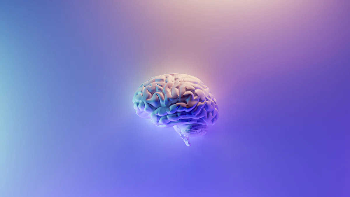 A 3D rendering of a super ager’s brain, showcasing intricate details, is suspended in a gradient background of purple and blue hues.