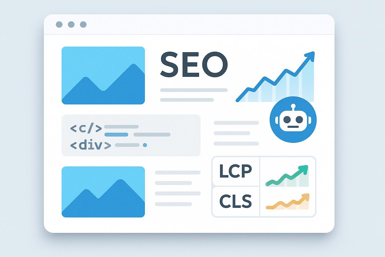 Lazy Loading and SEO 2025: Website imagery loading in, with SEO data metrics and technical overlays.