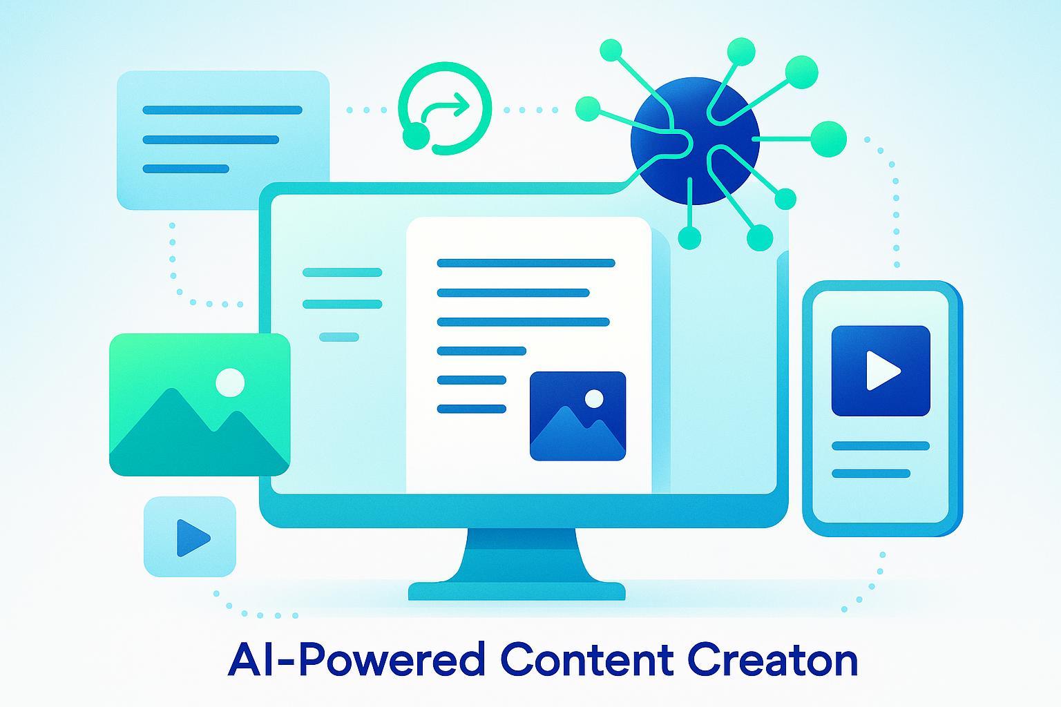 AI-generated content creation process visualized with screens, AI motifs, and digital content elements.