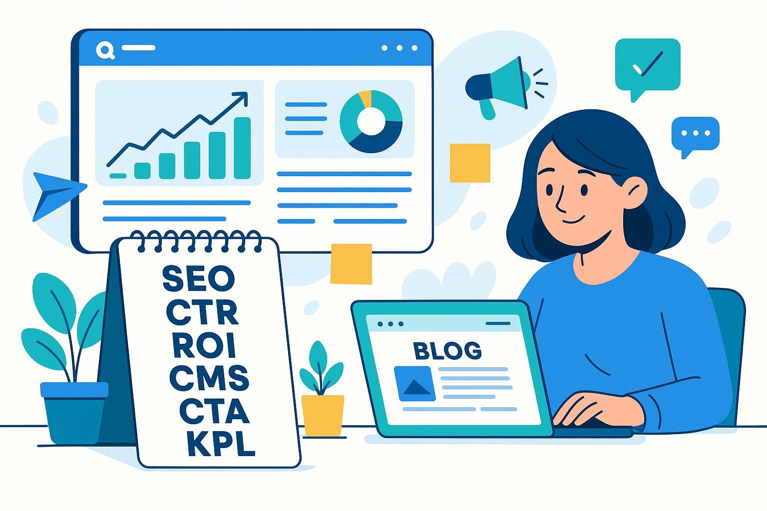 Marketing glossary workspace illustration with abbreviations and QuickCreator interface
