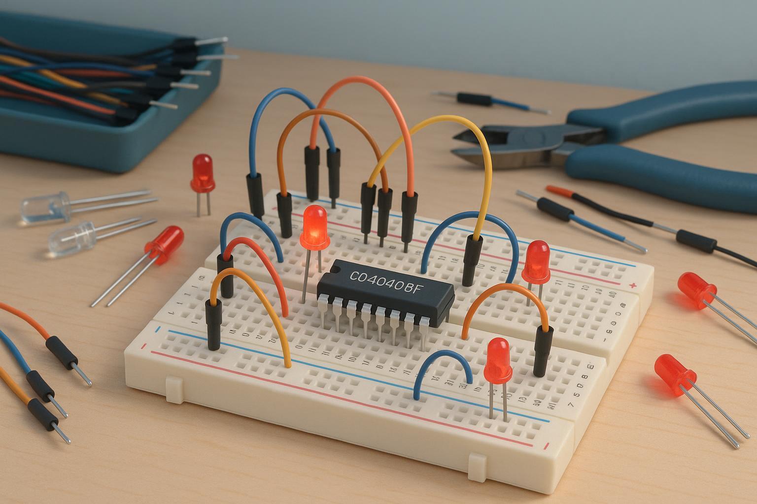 Beginner workspace for CD4040BF binary counter project with breadboard, LEDs, and IC prominently featured.