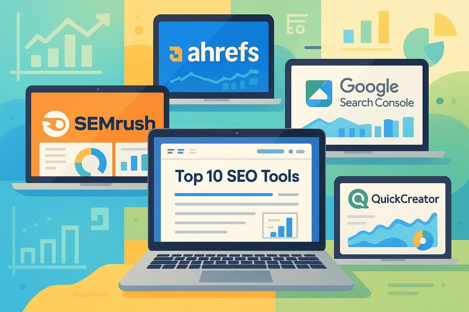 Collage of top SEO tools dashboards and a blog editor for small business, featuring SEMrush, Ahrefs, Google Search Console, and QuickCreator