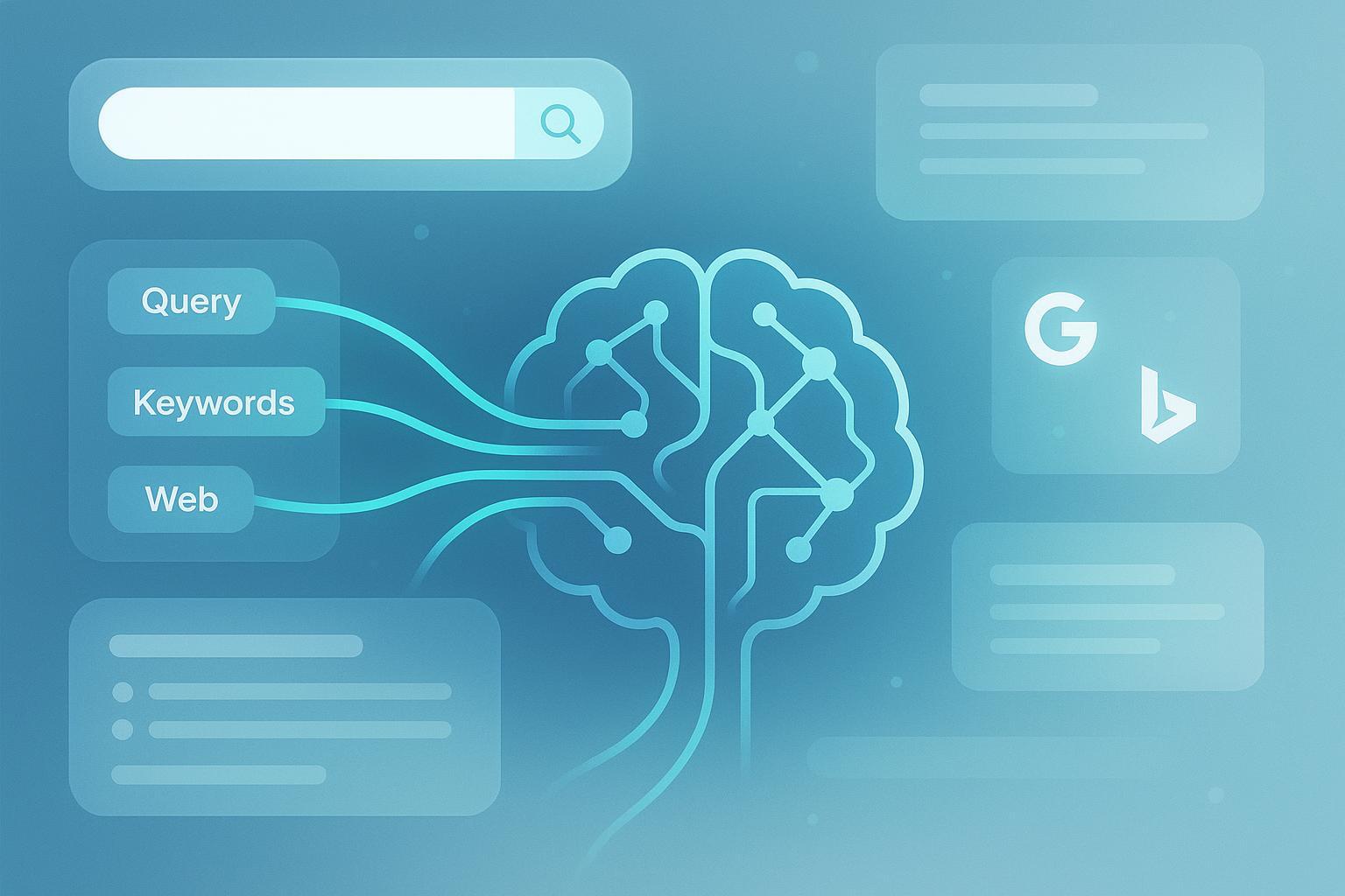 Cover image showing how RankBrain processes search queries as an AI neural network with search UI overlays