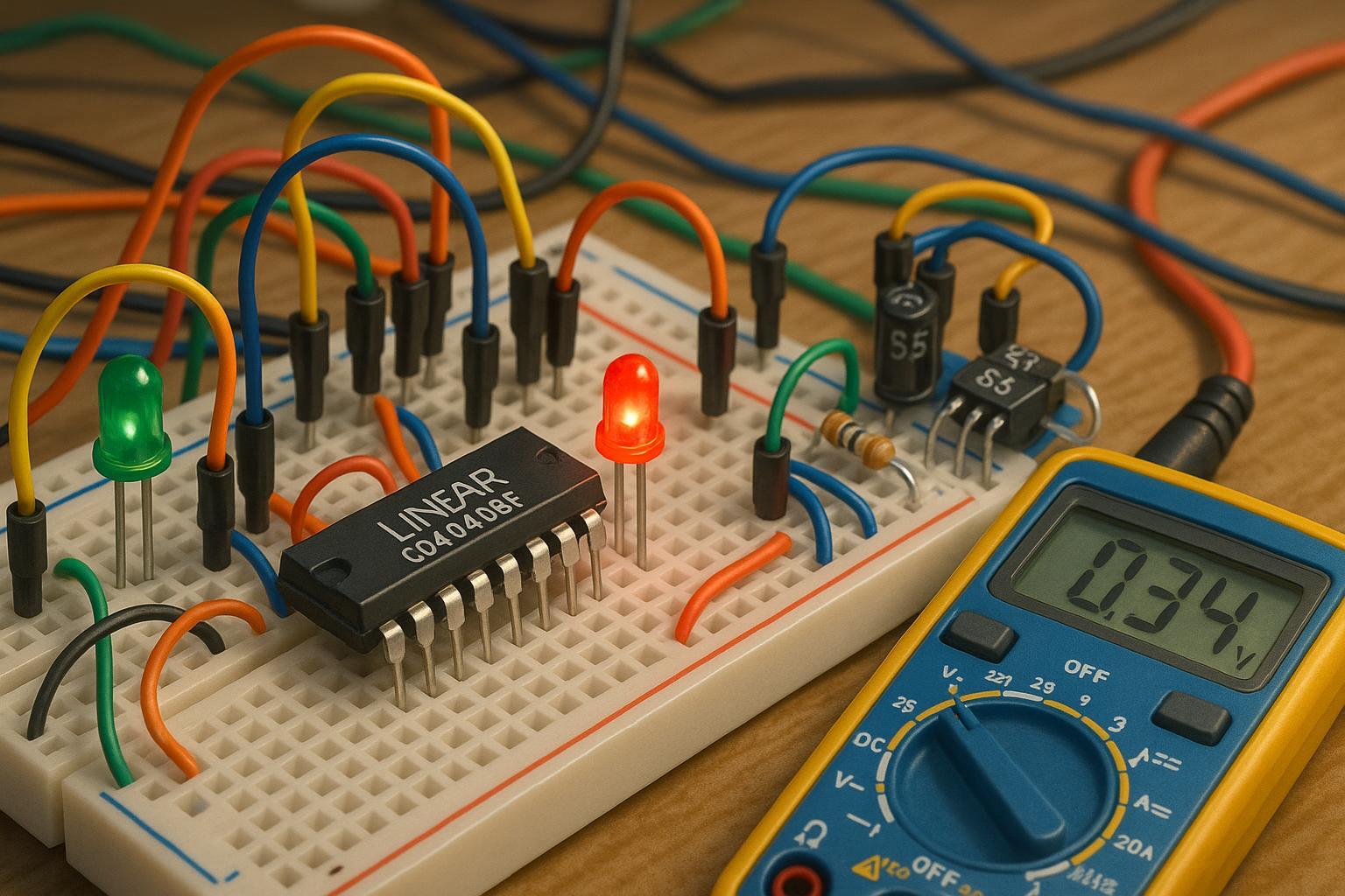 CD4040BF binary ripple counter guide: breadboard assembly, LEDs, IC, and multimeter on electronics workbench.
