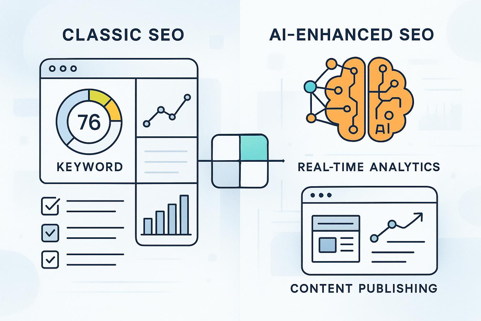 Infographic illustrating the evolution from traditional Keyword Score SEO workflows to AI-powered hybrid approaches for content creators.
