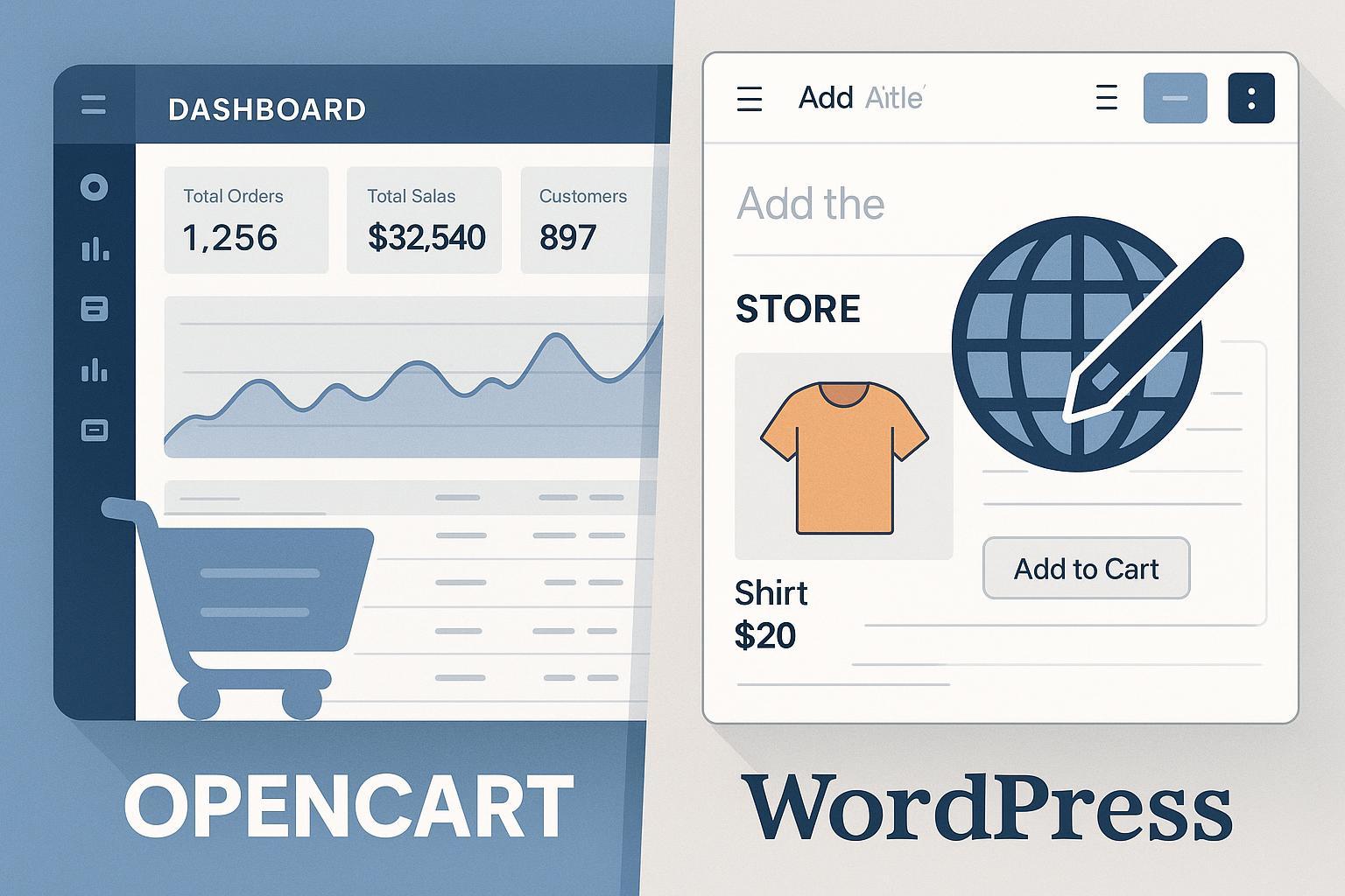 OpenCart vs WordPress feature comparison split-screen illustration