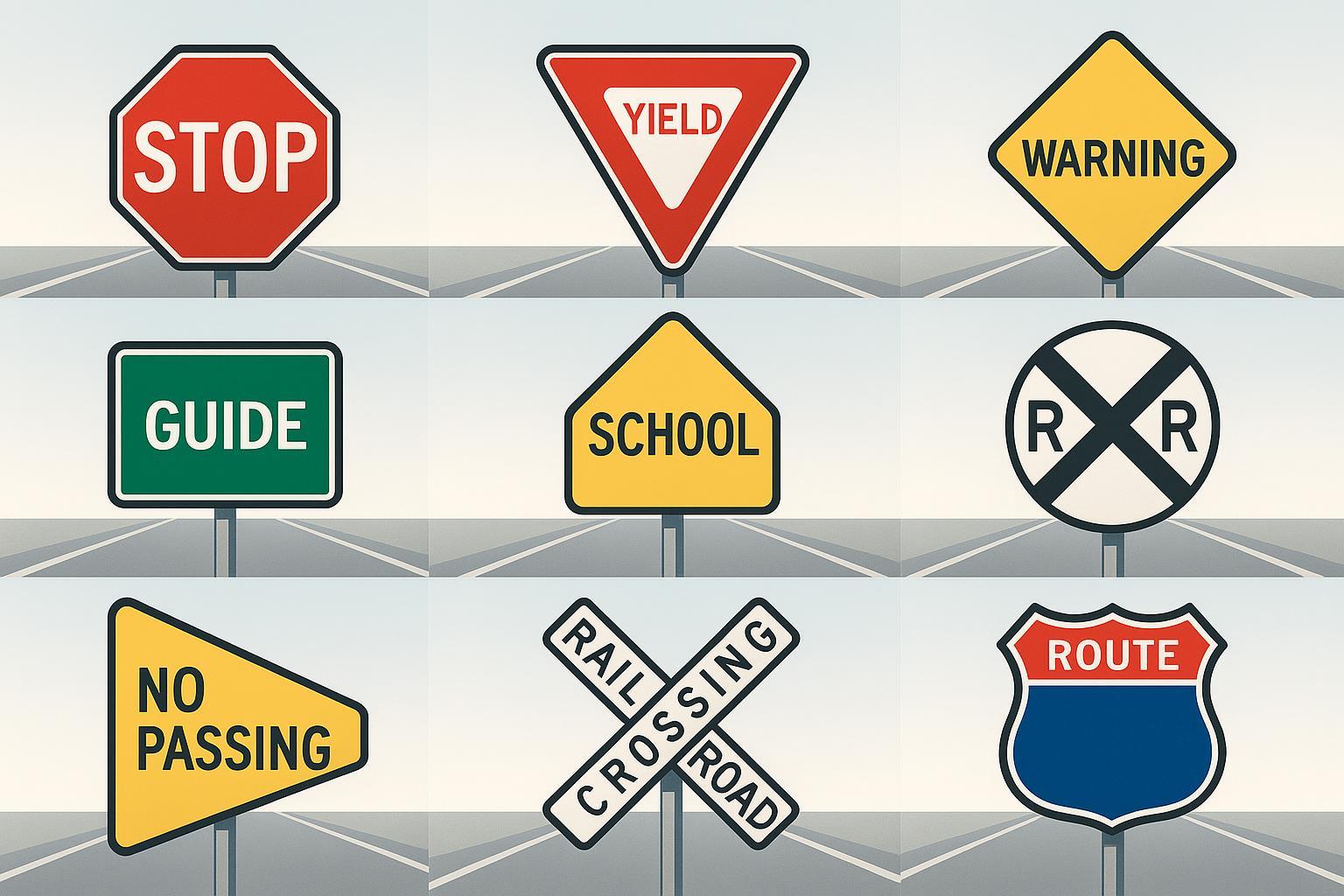 Traffic sign shapes infographic showing octagon, triangle, diamond, rectangle, pentagon, circle, pennant, crossbuck, and shield on a road.