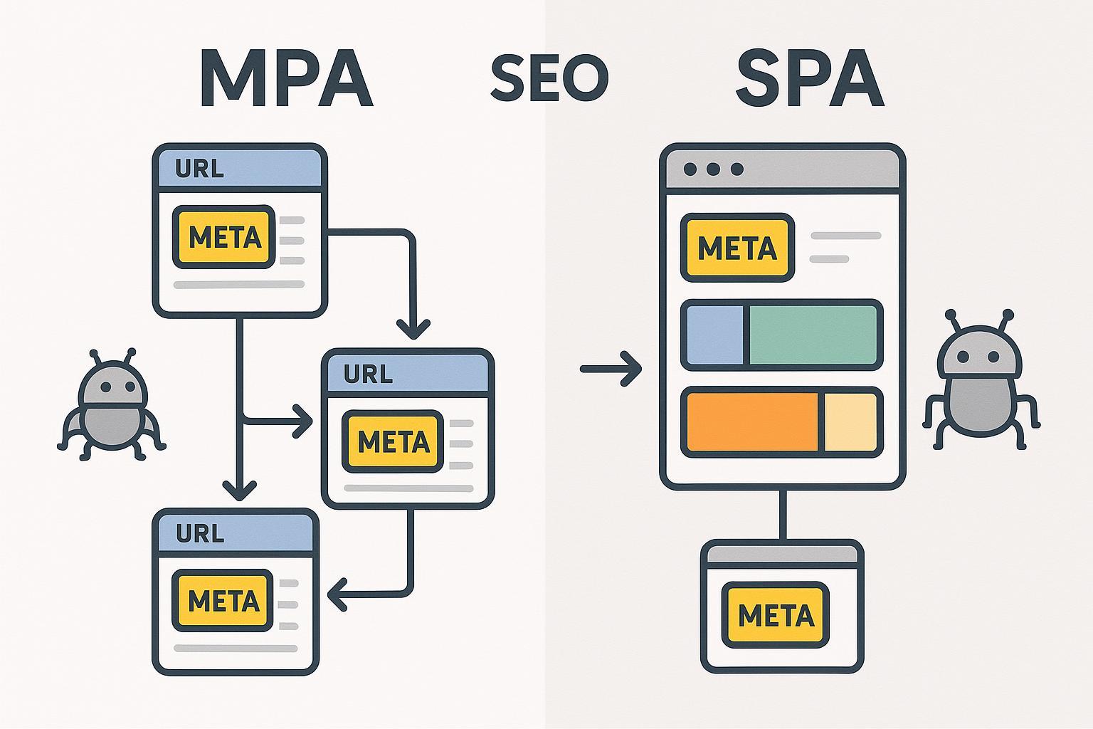 Visual comparison of Multi Page Application (MPA) and Single Page Application (SPA) architectures for SEO.