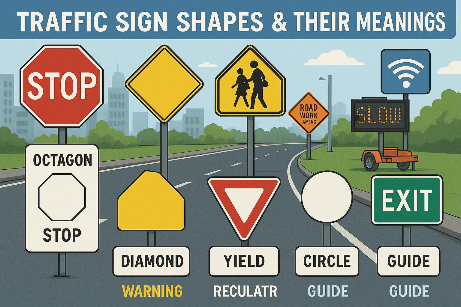 Ultimate Guide to Traffic Sign Shapes: illustrated urban and work zone with diverse sign shapes and digital sign integration