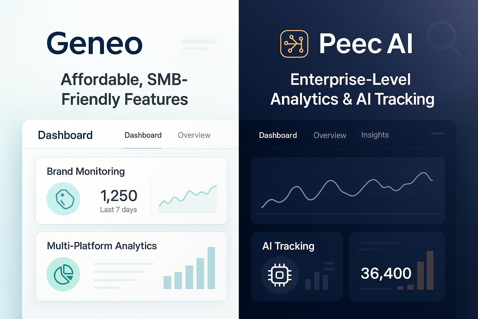 Geneo vs Peec AI comparison visual - SMB vs Enterprise AI search monitoring platforms