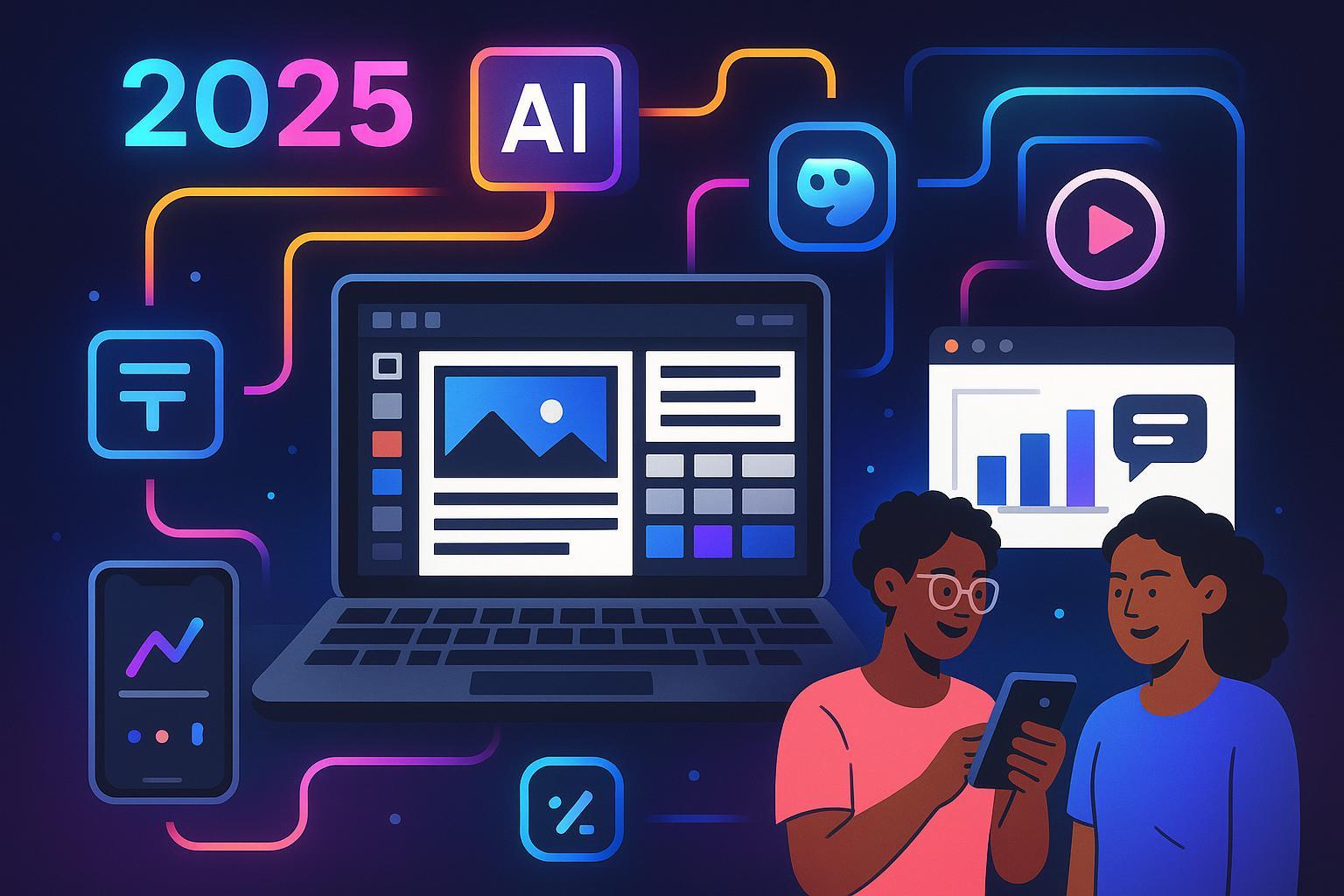 Collage of best AIGC tools for digital content creators in 2025, featuring diverse AI-powered software and modern interfaces.