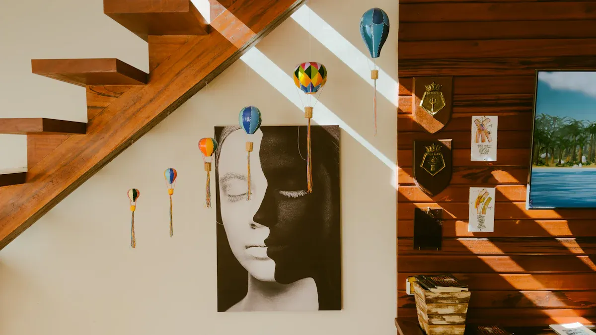 Displaying wall art and wood sculptures