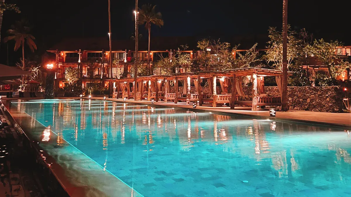 How do solar globe lights contribute to a peaceful and inviting pool area?