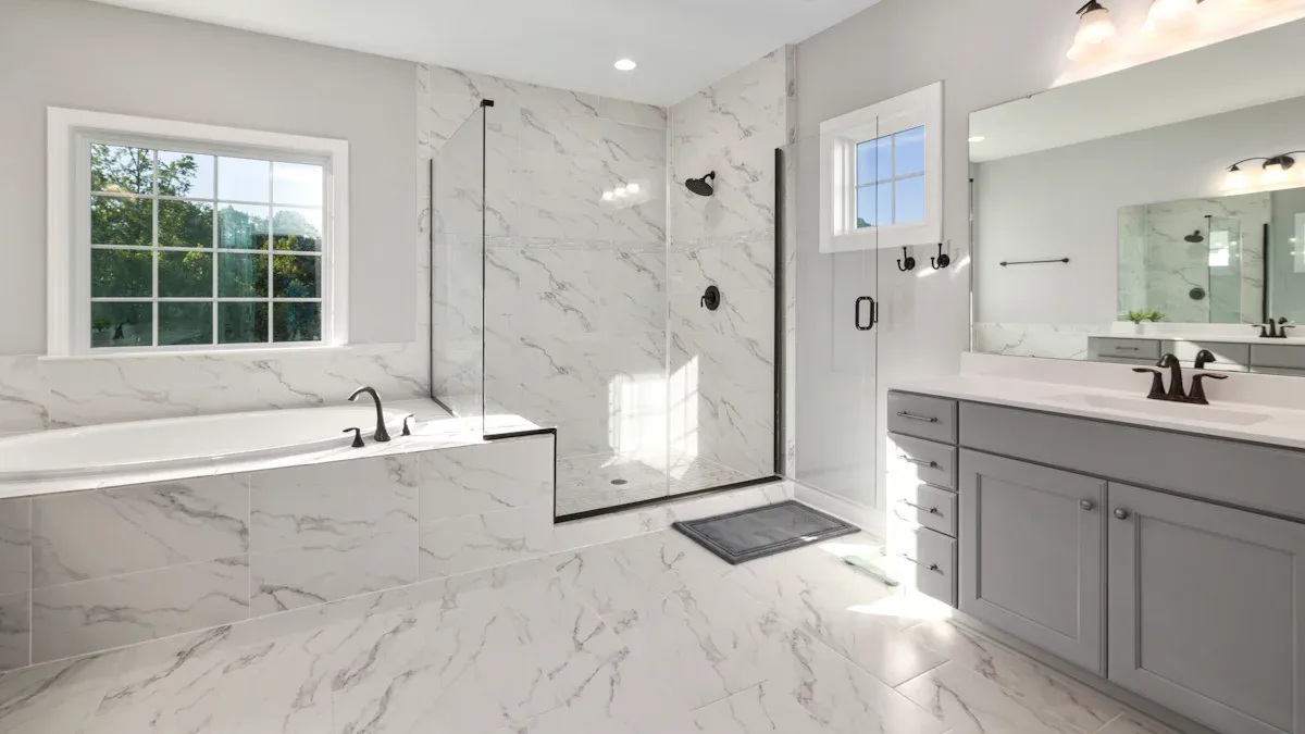 Which finish offers the best durability for a busy bathroom?