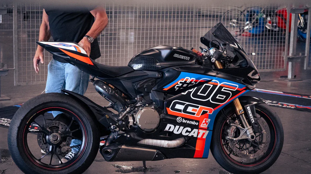 Custom sportbike livery photographed to show graphic flow across fairing panels