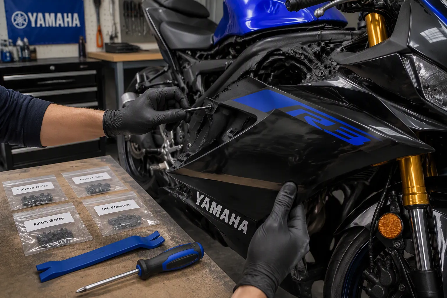 Yamaha R3 fairing removal area shown for photo documentation