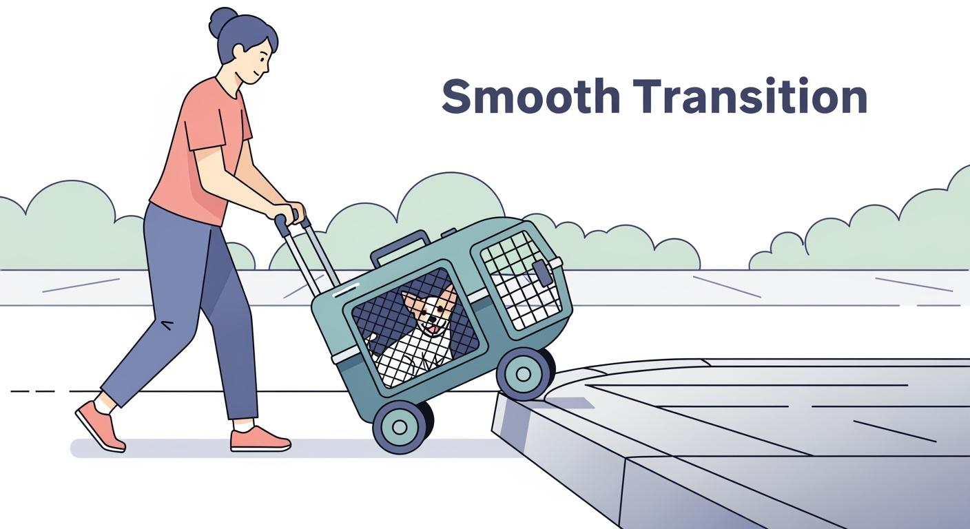 Pet carrier with wheels and handle tipping at a curb edge