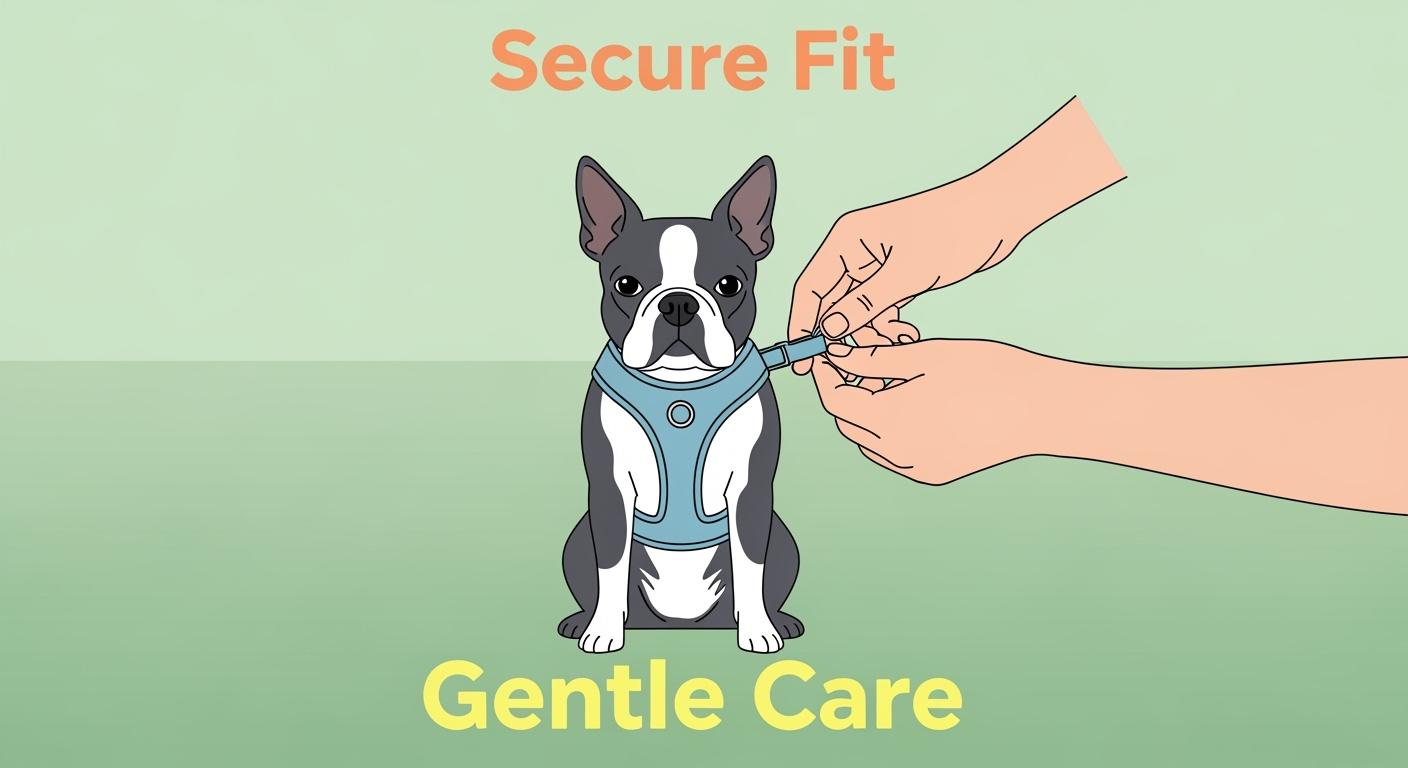 Boston Terrier wearing a lightweight walk harness