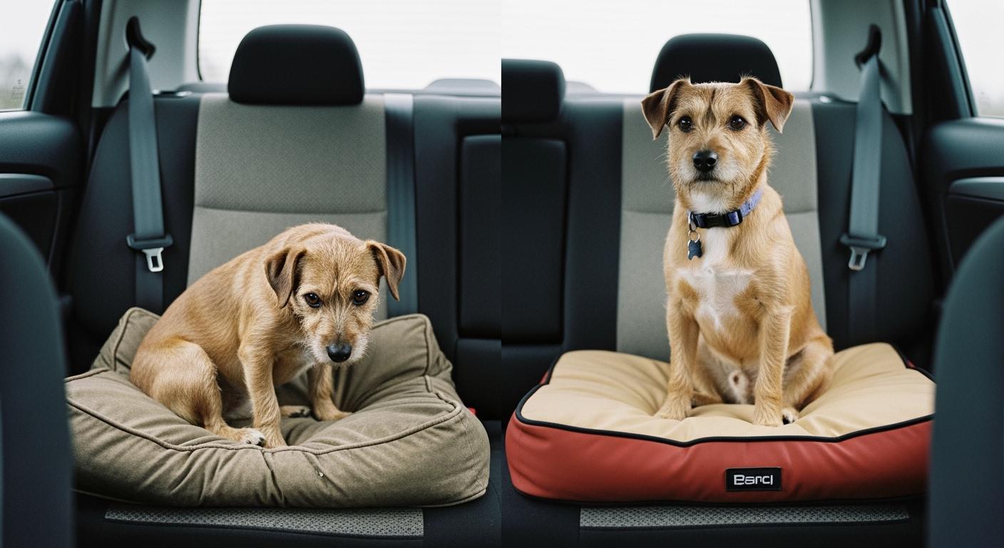 Dog car seat cushion showing signs of compression and flattening after repeated use