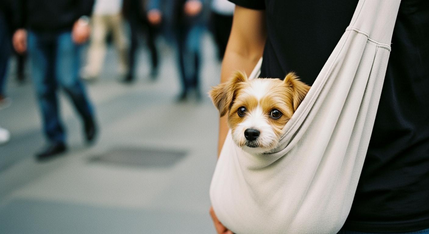 Small dog sitting in a pet sling carrier with controlled opening