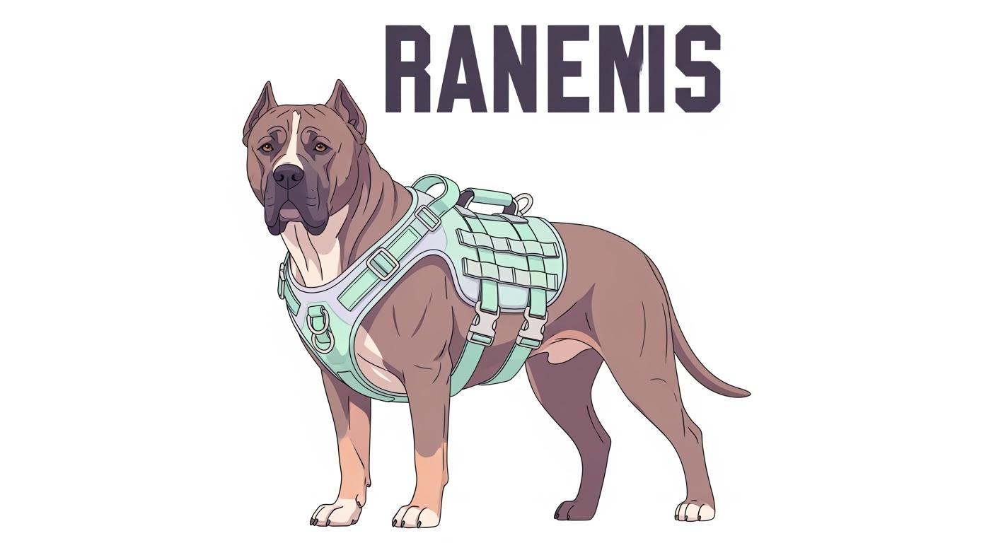 Large dog in a tactical harness walking on a trail