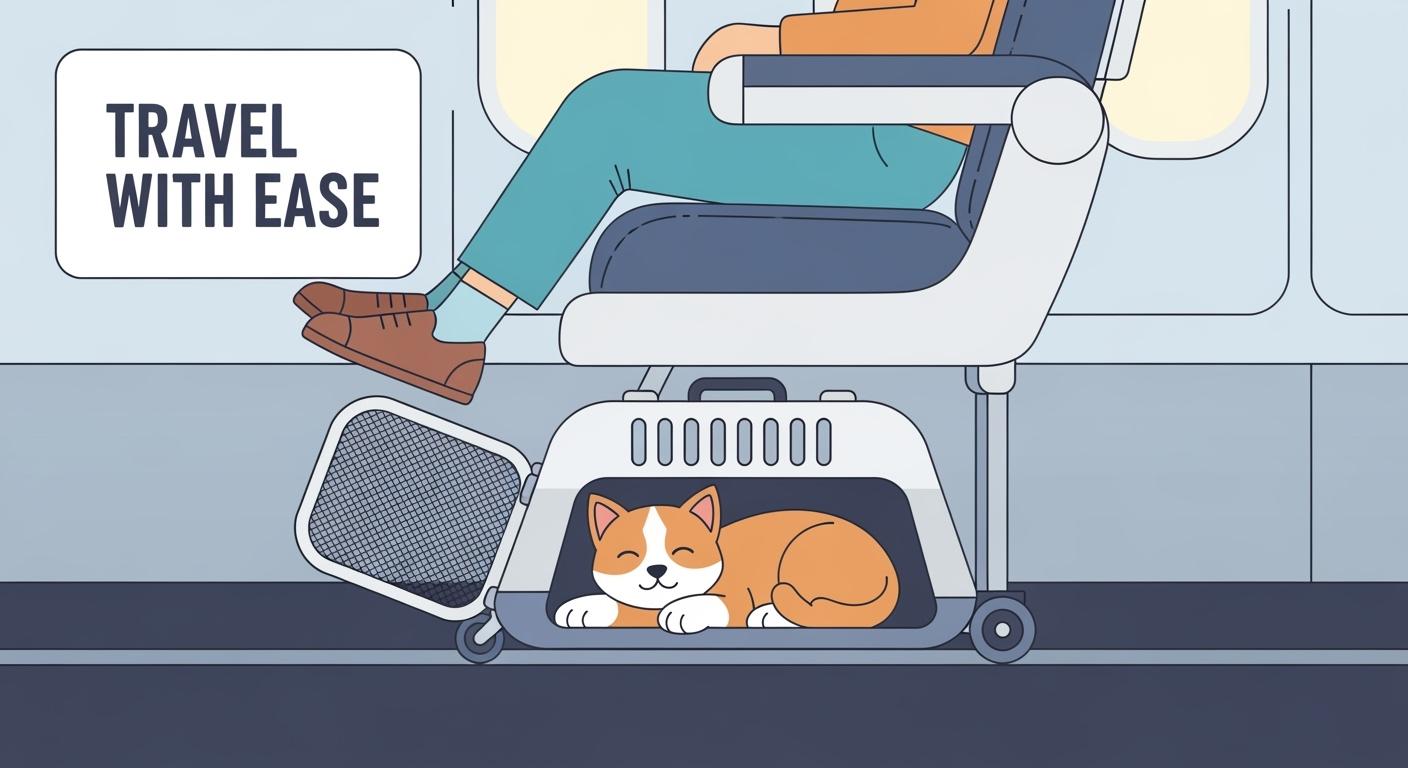 Soft-sided pet carrier placed under an airplane seat