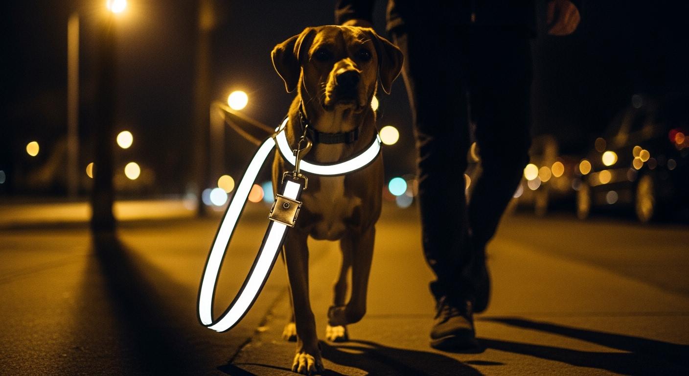 Reflective stitching surface on dog leash webbing