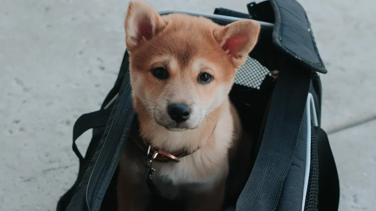 Dog backpack carrier leg opening with wide padded edge binding and flat seam construction