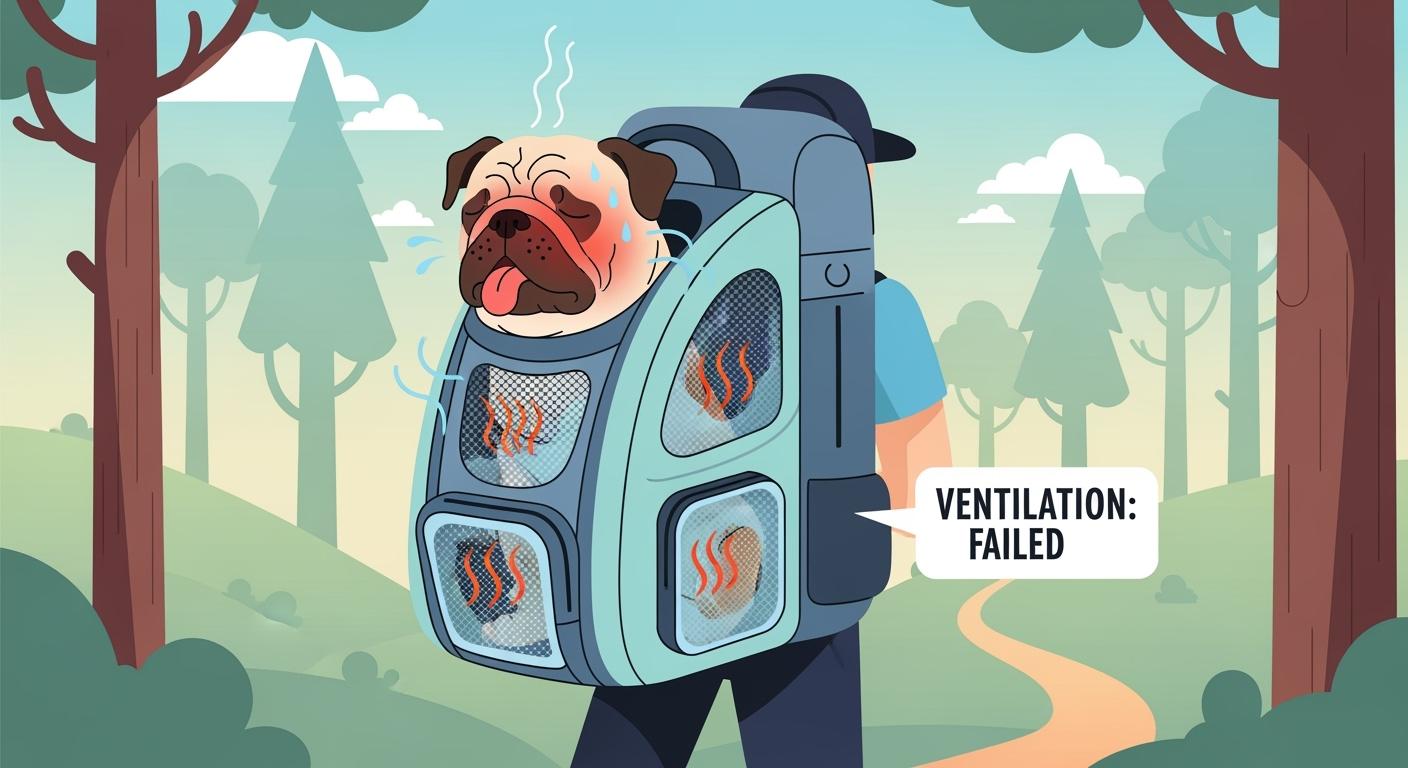 Dog sitting inside a backpack carrier with mesh panels visible on the sides