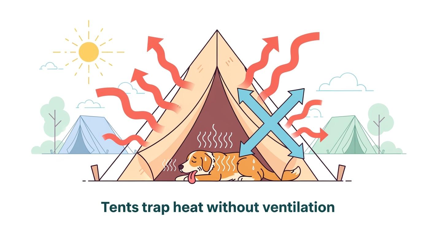 Dog resting inside a ventilated tent with mesh side panels