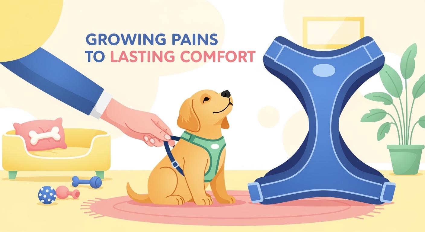 puppy wearing an adjustable harness with properly centered sternum contact point