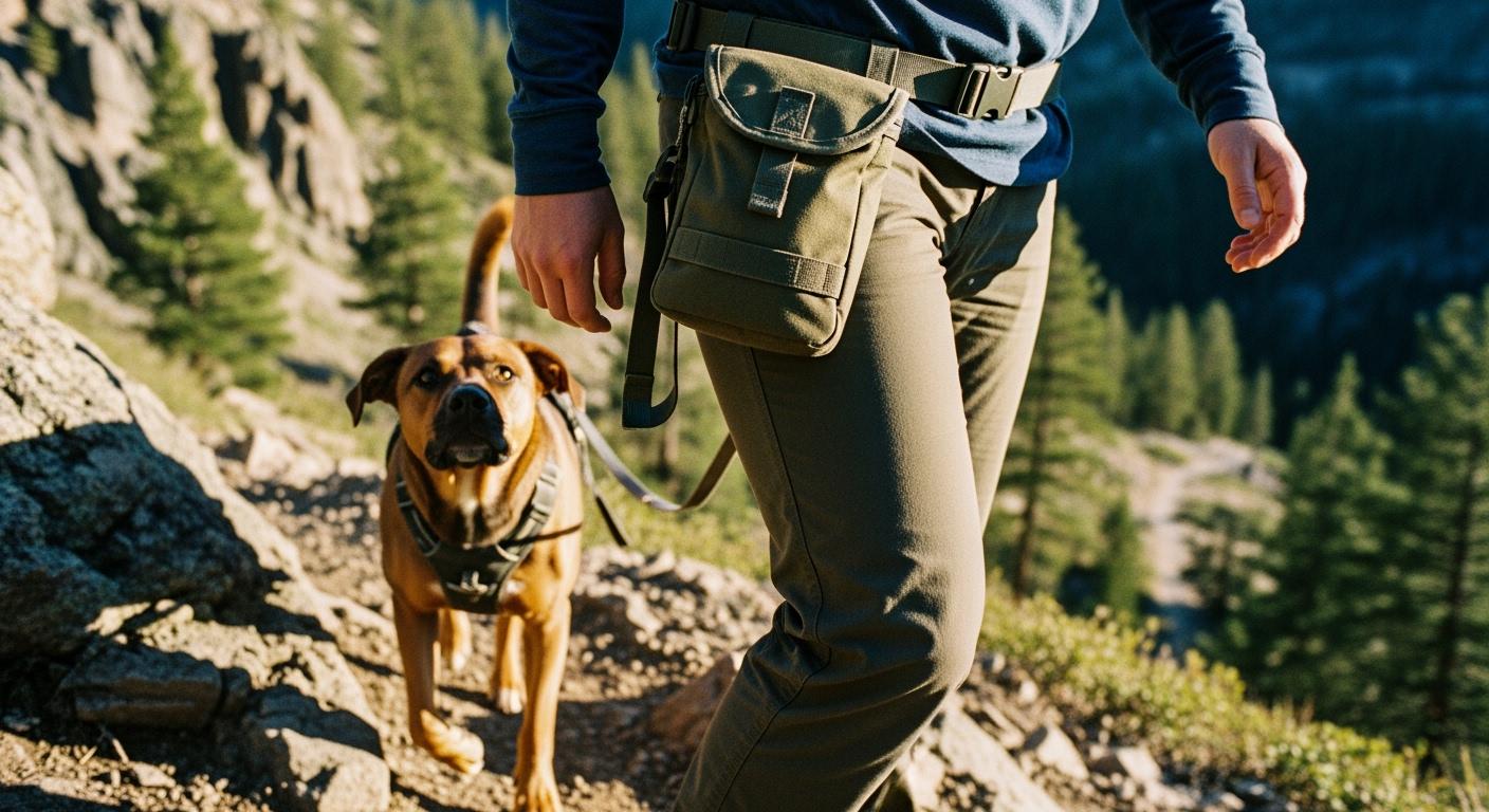 Dog treat pouch secured at waist on hiking trail