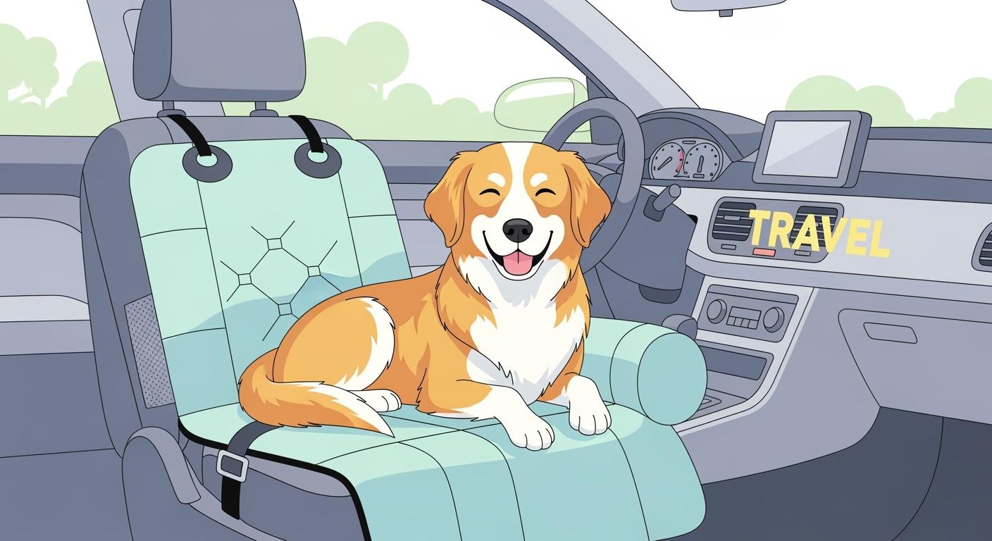 Dog sitting on a rear seat cover in a car