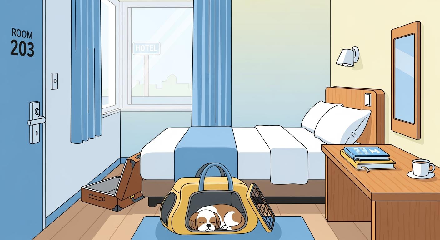 Soft-sided dog carrier bag in a hotel room