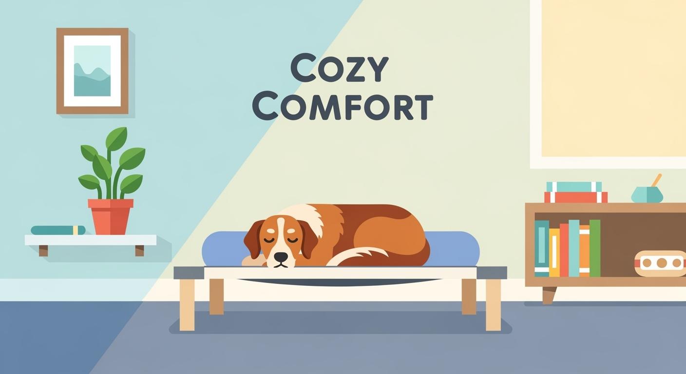 Dog sleeping sprawled across an elevated mesh cot in a living room