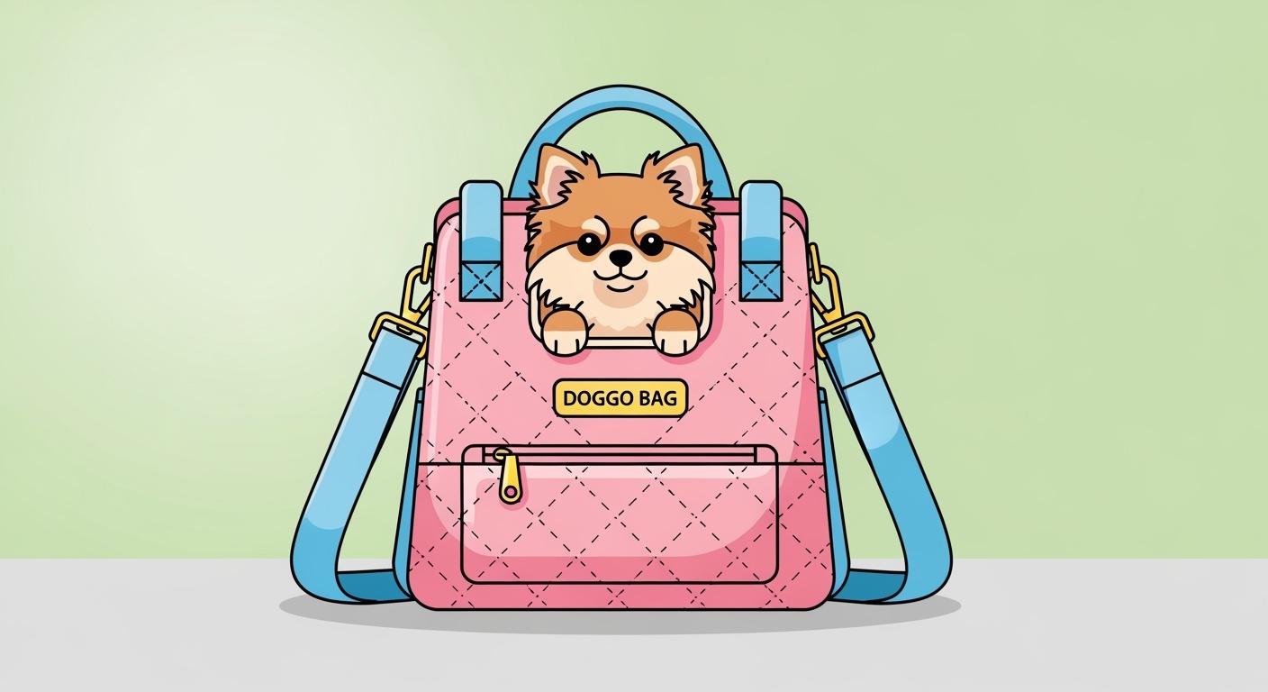 Small dog sitting inside a structured purse-style pet carrier with mesh window