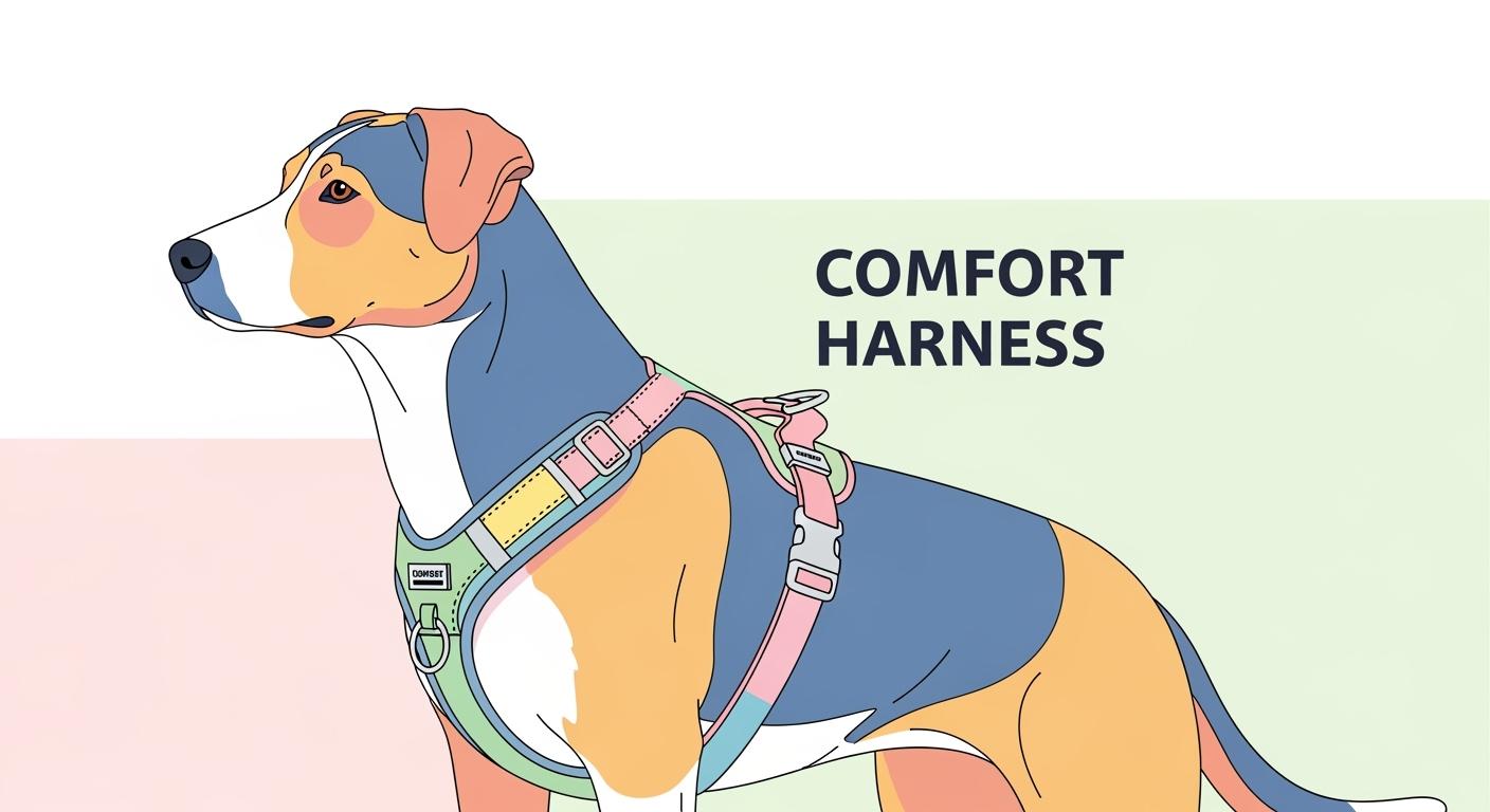 Large active dog wearing a heavy duty harness with metal clips on an outdoor walk