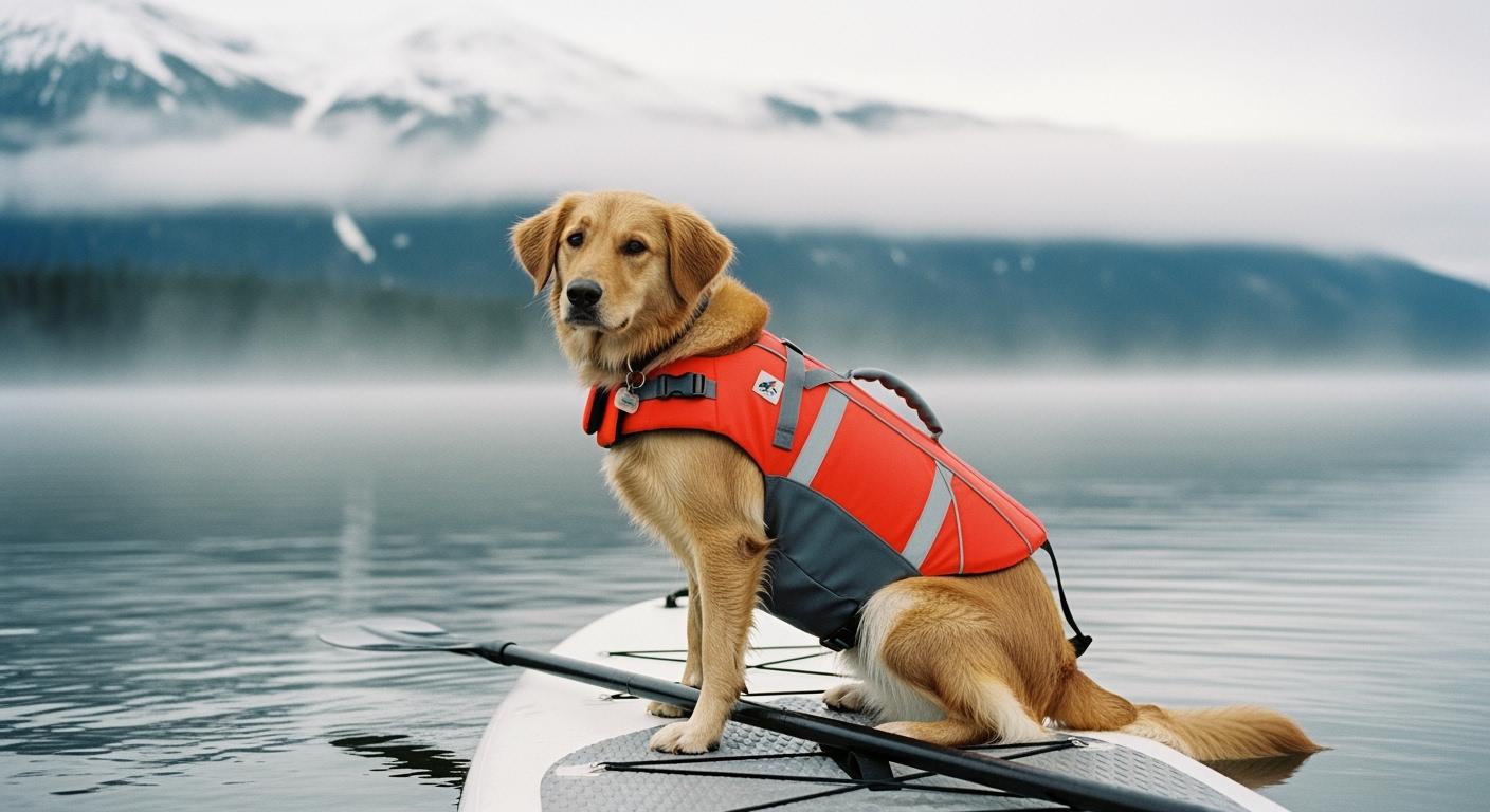 Dog wearing a life jacket while paddling in cold water