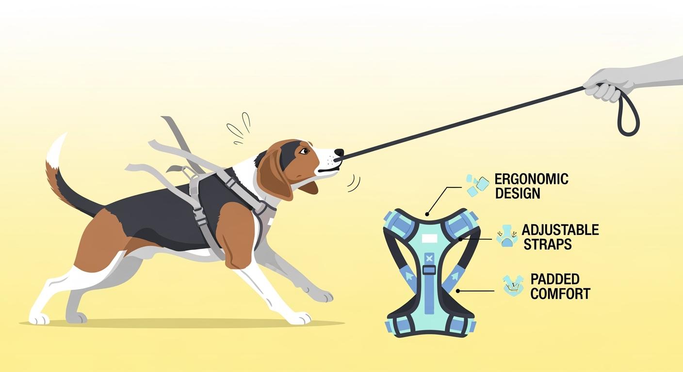 Dog wearing a front-clip harness on a walk with owner holding leash