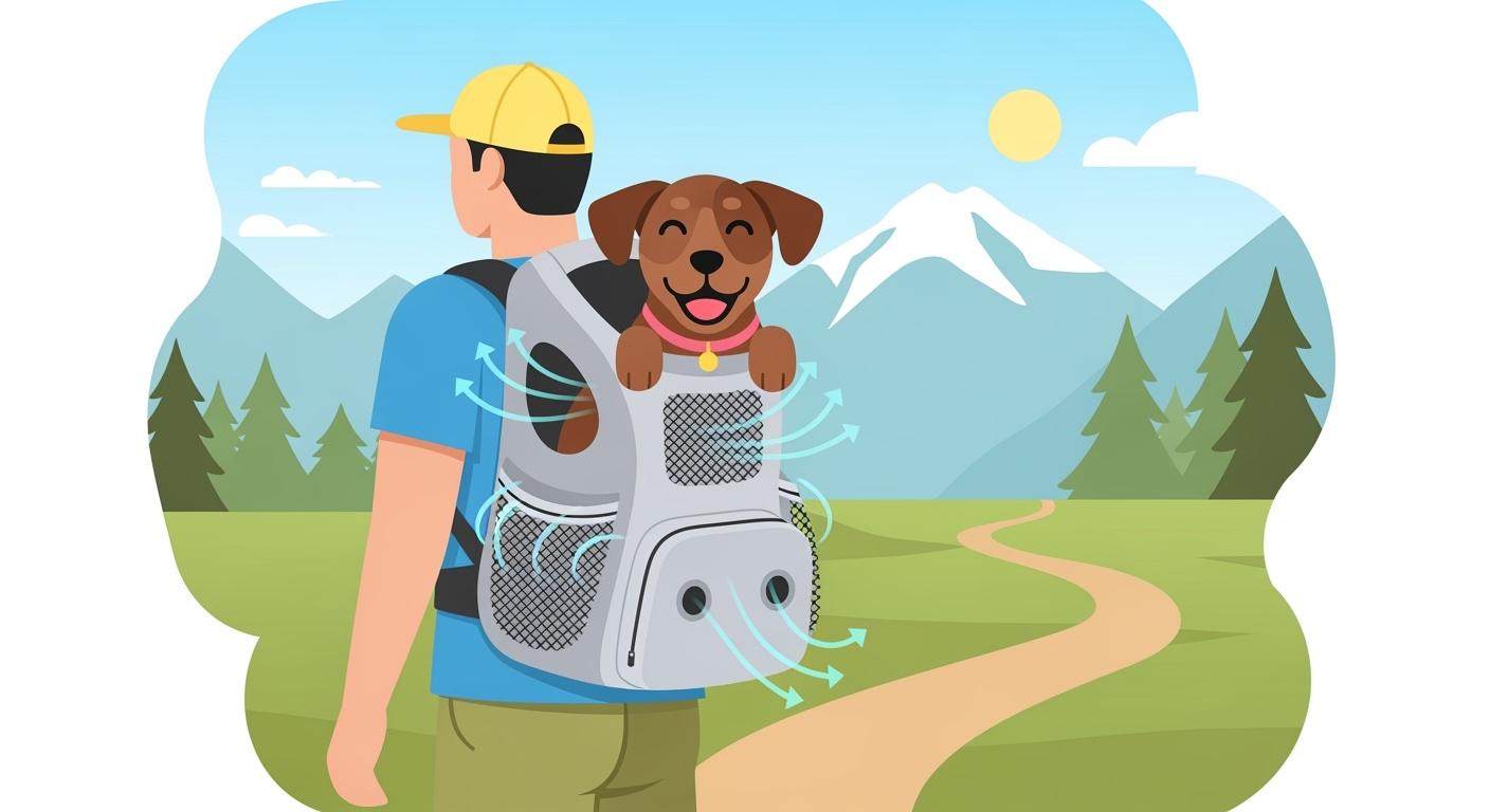 Dog in ventilated backpack carrier on summer hiking trail