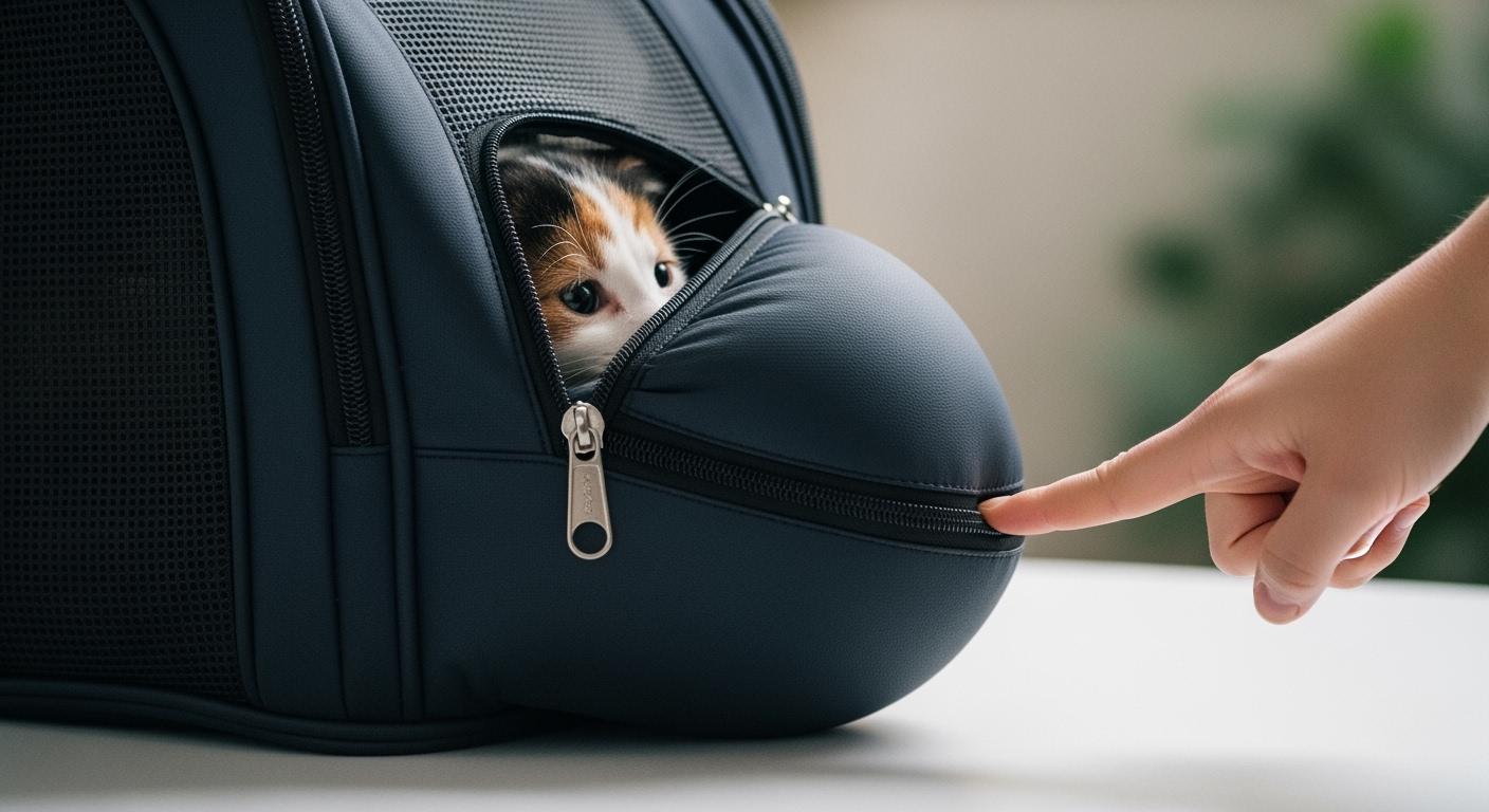 Pet sitting inside a backpack carrier with side entry zipper visible