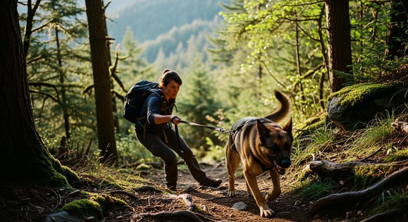 Dog on hiking trail with leash