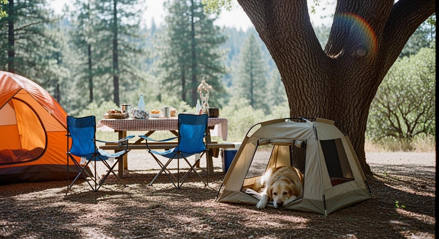 Portable pet shelter with mesh side panels at a campsite
