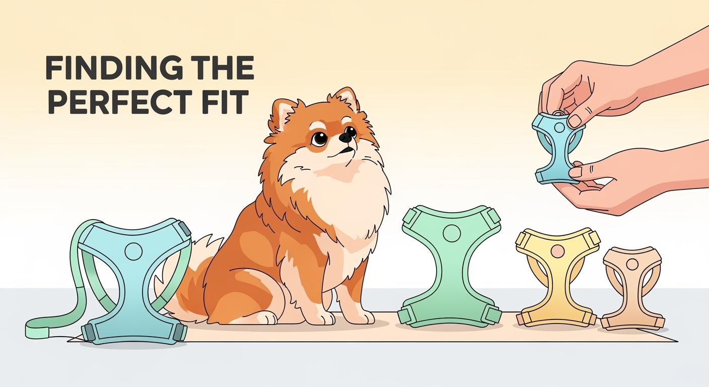 Pomeranian wearing a lightweight harness outdoors