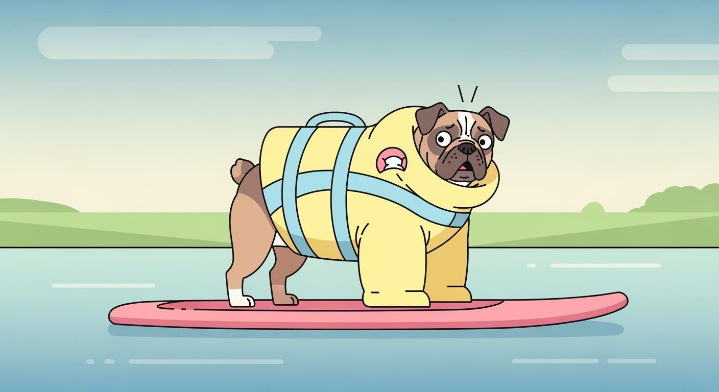 Dog wearing a life jacket swimming near a paddle board