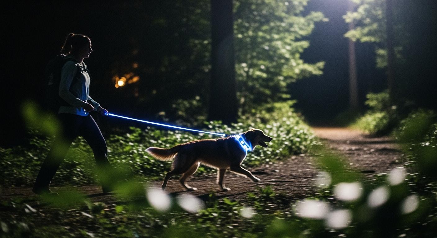 Dog on trail at dusk with leash visible