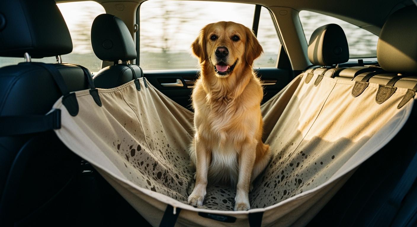 Dog sitting in car back seat after an outdoor trip
