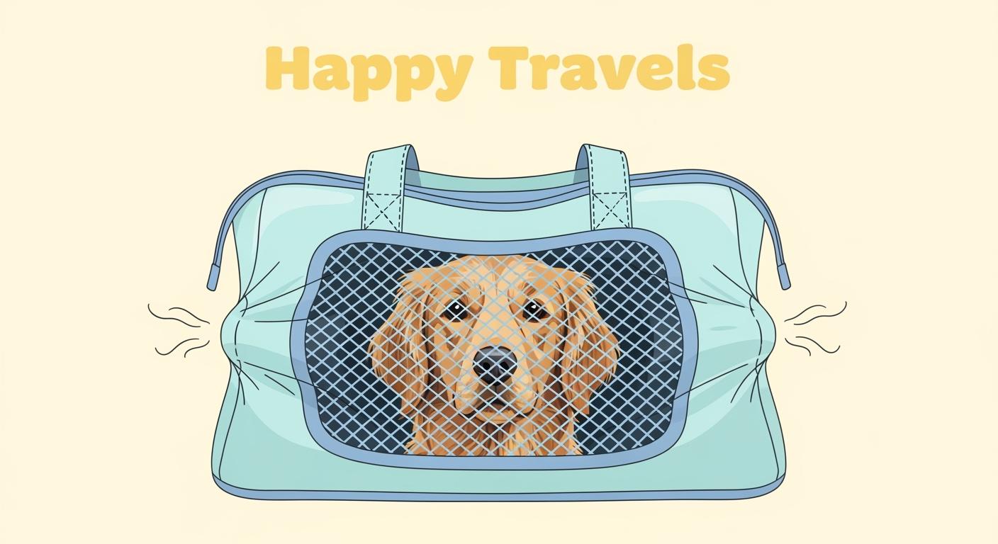 Dog in a tote carrier with mesh ventilation panels
